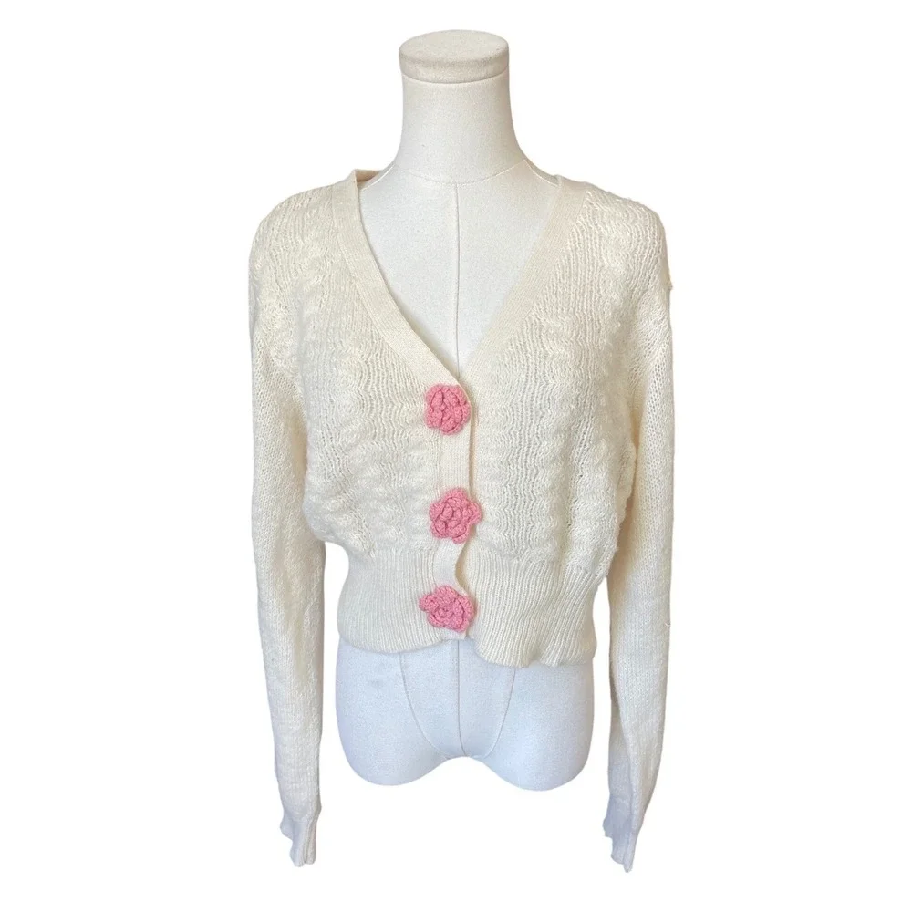 Love Tree Y2K Cable Knit Cropped Crochet Cardigan‎ Sweater Size L Coquette Rose